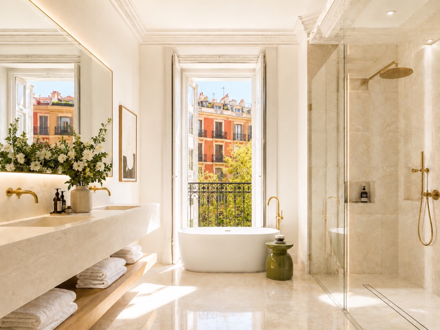 Reforma de baño en Madrid con bañera exenta y grifería dorada, realizada por Fontanería Juan Duque