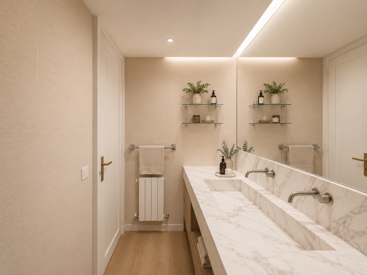 Reforma de baño en Madrid con encimera de mármol, doble lavabo y grifería empotrada, realizada por Fontanería Juan Duque